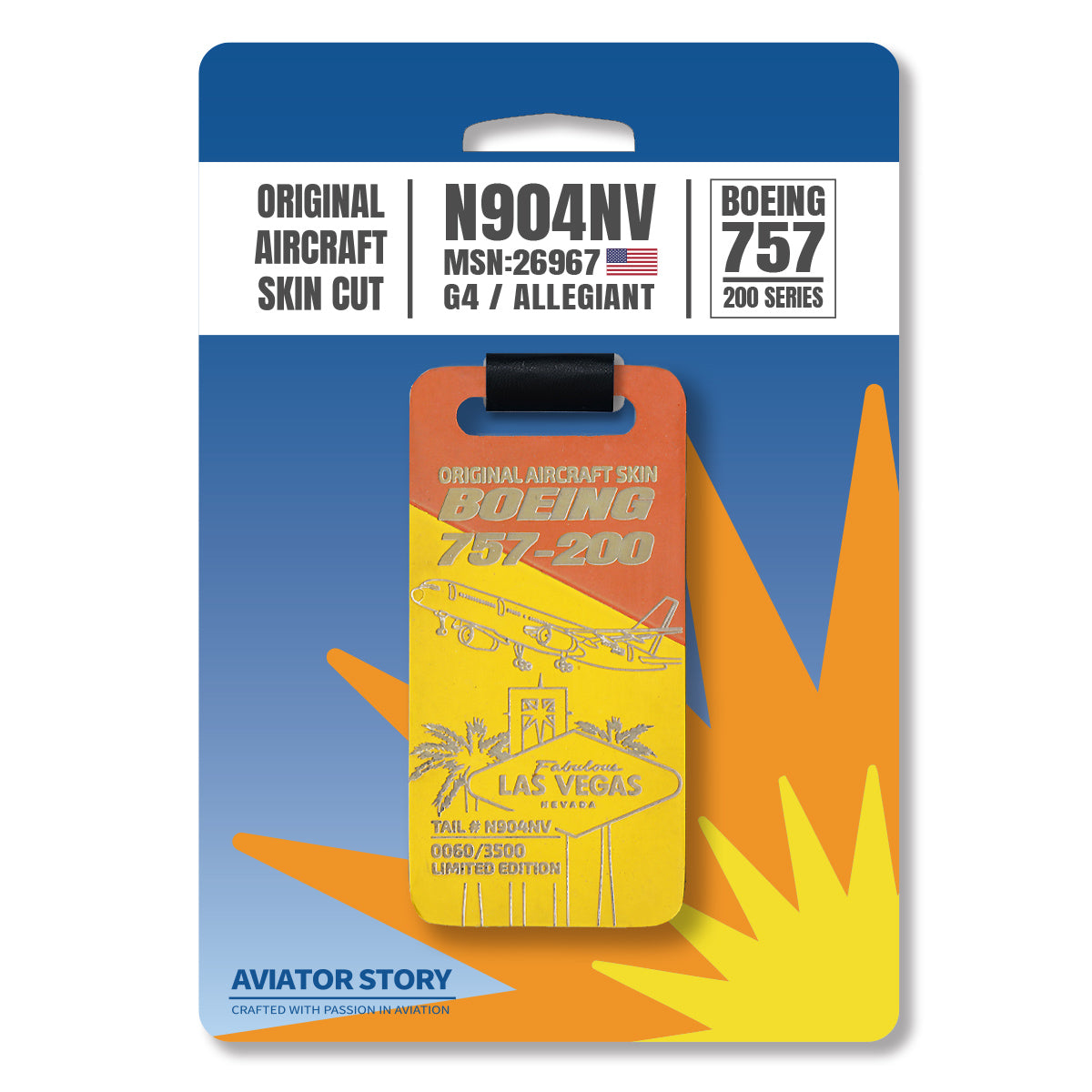 Allegiant Boeing 757 plane skin tag aviation tag. Original aircraft skin cut luggage tag.